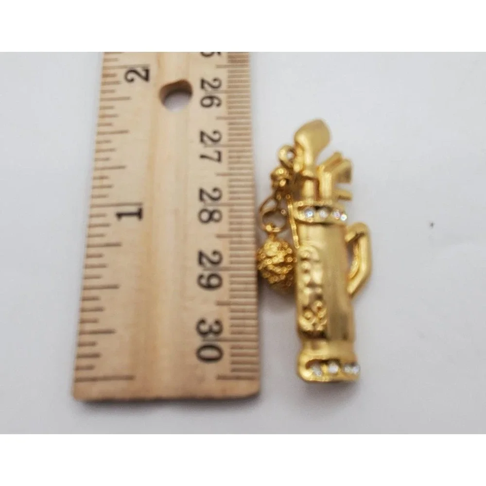 Gold Tone Golf Pin Brooch Golf Club Bag Rhinestone Golf Ball & Chain